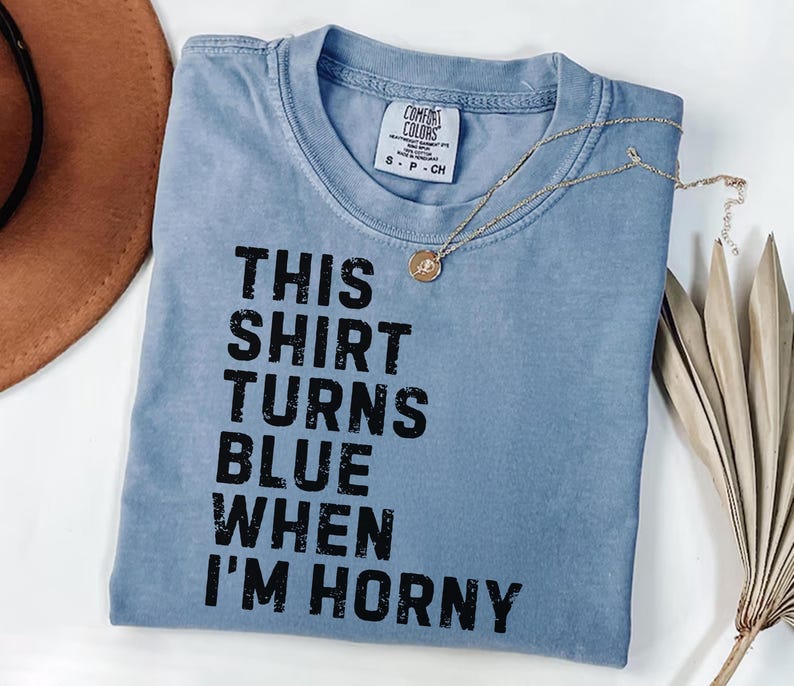May include: A light blue t-shirt with the text "THIS SHIRT TURNS BLUE WHEN I'M HORNY" in black block letters. A gold necklace with a pendant rests on the shirt. The shirt is folded and placed on a white surface.
