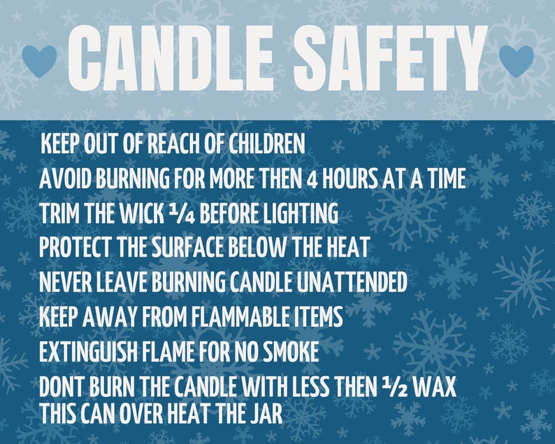 Puede incluir: Un gr&aacute;fico azul y blanco con las palabras "CANDLE SAFETY" en la parte superior. El gr&aacute;fico enumera consejos de seguridad para el uso de velas, incluyendo mantener las velas fuera del alcance de los ni&ntilde;os y materiales inflamables, y recortar la mecha antes de encender.
