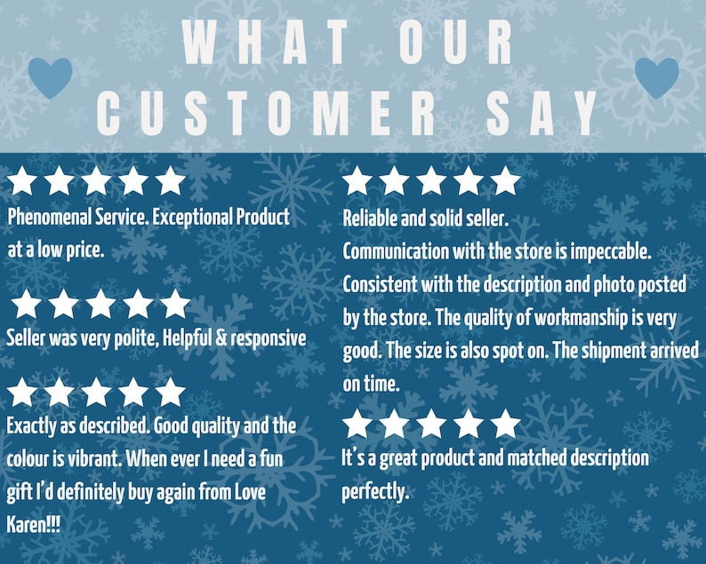 Puede incluir: Un fondo azul con copos de nieve blancos y dos corazones azules. El texto "WHAT OUR CUSTOMER SAY" est&aacute; en la parte superior. Se muestran rese&ntilde;as de clientes con calificaciones por estrellas y comentarios positivos.