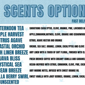 Puede incluir: Un gr&aacute;fico azul claro con el texto "9 SCENTS OPTIONS" y una lista de nueve opciones de fragancias. Cada fragancia se describe con sus ingredientes, incluyendo "Afternoon Tea" con eucalipto y clavo, y "Vanilla Berry Swirl" con bayas y naranja.
