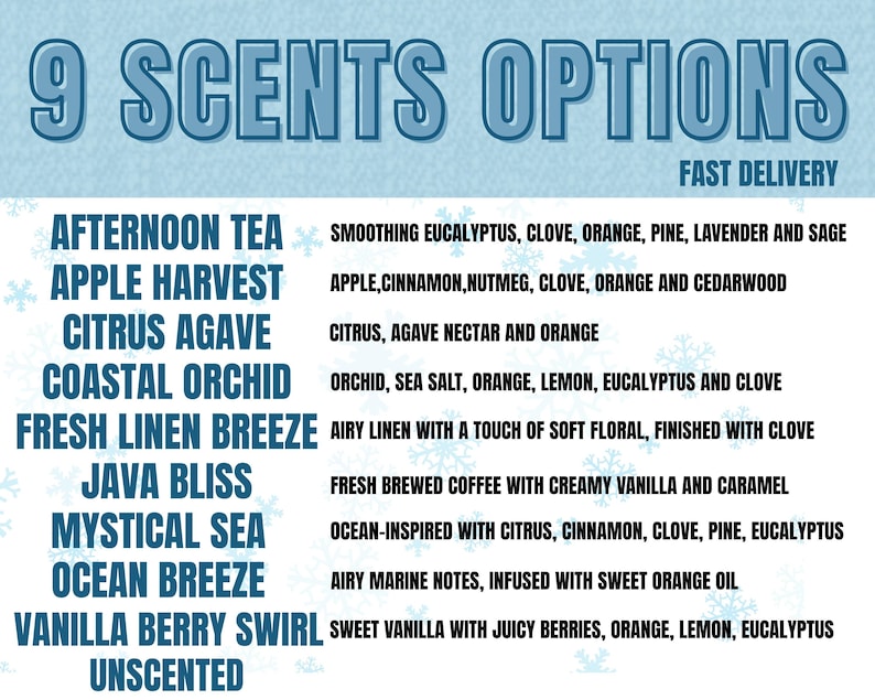 Puede incluir: Un gr&aacute;fico azul claro con el texto "9 SCENTS OPTIONS" y una lista de nueve opciones de fragancias. Cada fragancia se describe con sus ingredientes, incluyendo "Afternoon Tea" con eucalipto y clavo, y "Vanilla Berry Swirl" con bayas y naranja.