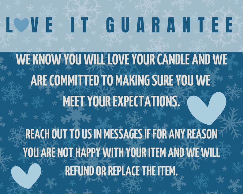 Puede incluir: Gr&aacute;fico azul y blanco con el texto "LOVE IT GUARANTEE" y una garant&iacute;a sobre el producto. El fondo tiene un patr&oacute;n de copos de nieve y corazones azul claro.