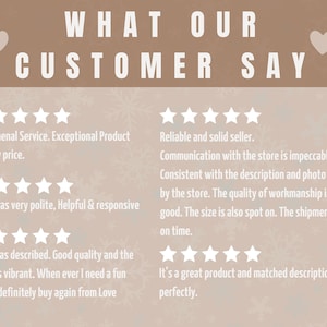 May include: A graphic with the text "WHAT OUR CUSTOMER SAY" and customer reviews. The reviews include phrases like "Phenomenal Service," "Reliable and solid seller," and "Exactly as described." The background is a light brown with snowflake accents.