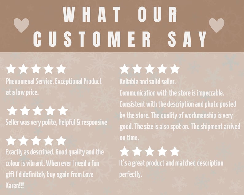 May include: A graphic with the text "WHAT OUR CUSTOMER SAY" and customer reviews. The reviews include phrases like "Phenomenal Service," "Reliable and solid seller," and "Exactly as described." The background is a light brown with snowflake accents.
