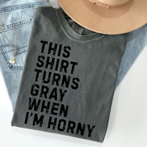 May include: Gray t-shirt with the text "THIS SHIRT TURNS GRAY WHEN I'M HORNY" in black block letters. The shirt is laid on top of light blue jeans and a tan hat. A silver necklace is visible.