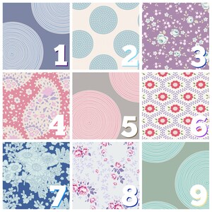 May include: Nine different patterned fabric swatches, each with a number from 1 to 9. The patterns include circles, paisley, floral, and geometric designs in various colors.