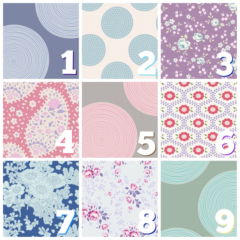May include: Nine different patterned fabric swatches, each with a number from 1 to 9. The patterns include circles, paisley, floral, and geometric designs in various colors.