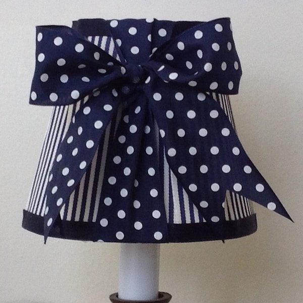 Chandelier Lamp Shade in a new fresh Navy Blue Stripe and Navy and White Dot Bow, Clip On.