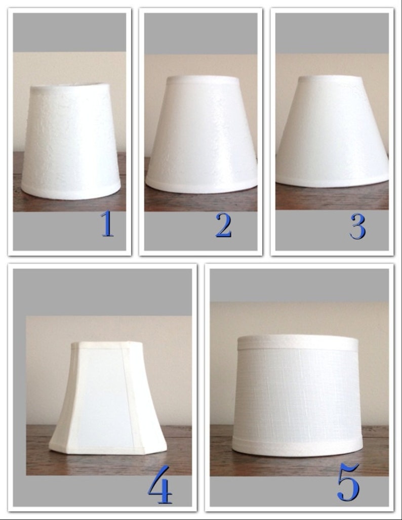 May include: Five white lampshades of different shapes and sizes. The lampshades are all made of a fabric material.