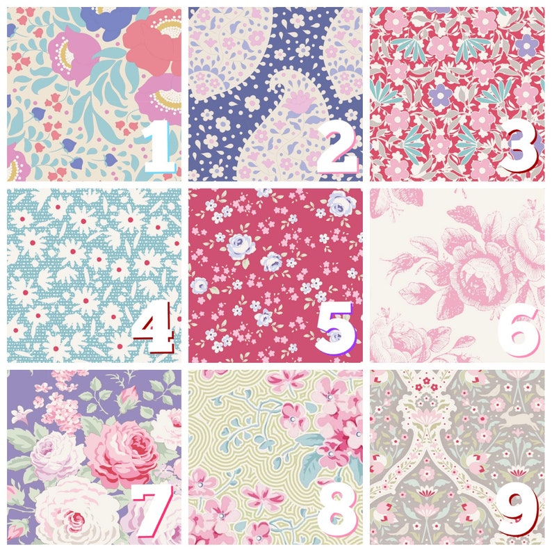 May include: Nine different floral patterns in a grid layout. Each square features a different floral design with various colors, including pink, blue, green, and white.