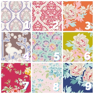 May include: Nine different fabric swatches with floral and geometric patterns. The swatches are numbered 1 through 9.