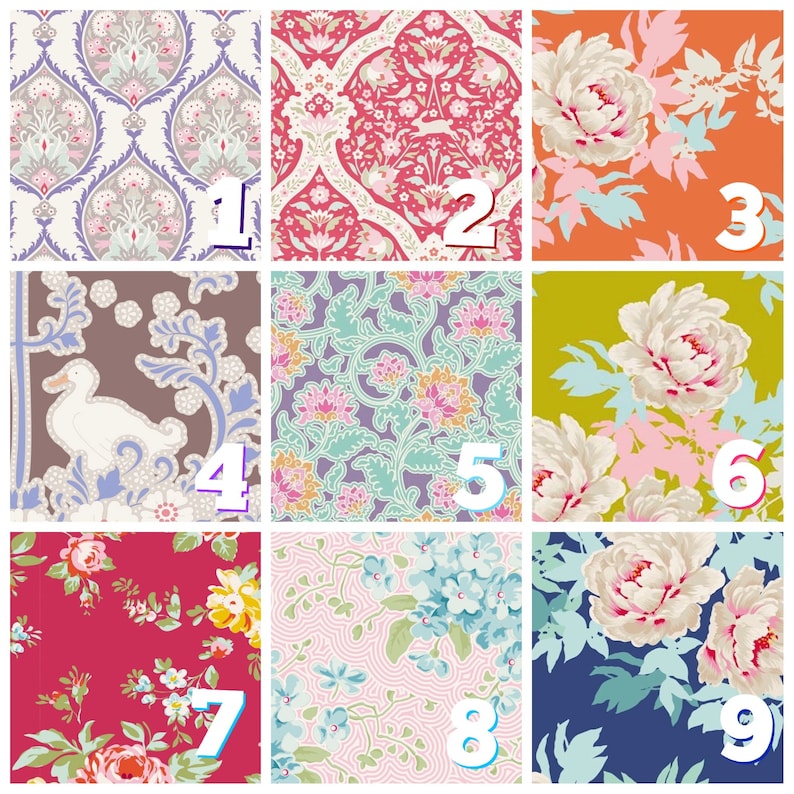 May include: Nine different fabric swatches with floral and geometric patterns. The swatches are numbered 1 through 9.