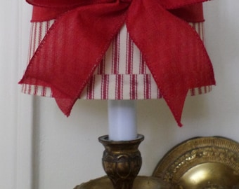 Mini Drum Lamp Shade for Chandelier or Sconce in a Red ticking fabric with Red Linen Bow, Clip On French Country or Cottage Chic