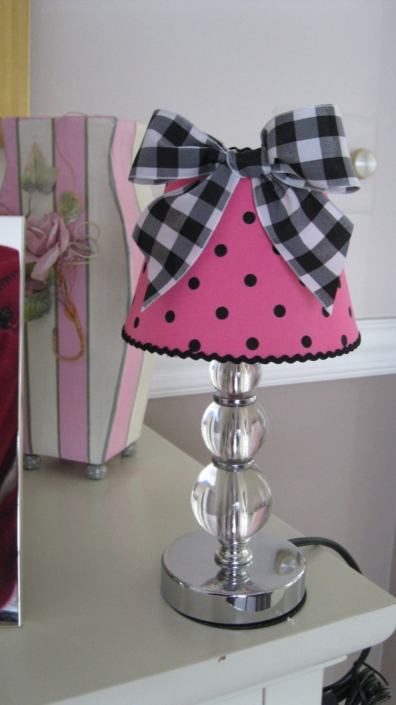 Chandelier Shade in Hot Pink Dot Fabric and Gingham Check Bow Etsy