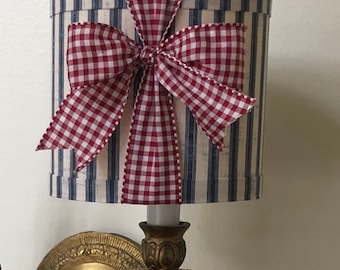 Chandelier lampshade, chandelier lamp shade, clip on lampshade, clip on lamp shade, navy stripe, red gingham bow