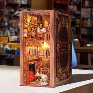 Eternal Bookstore DIY Book Nook Kit – Wooden Miniature Bookshelf Insert with Light, 3D Dollhouse Bookend Decor for Christmas Gift