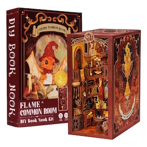Flame Common Room Book Nook – DIY Bookshelf Insert Miniature Dollhouse Kit with LED Touch Light | 3D Wooden Puzzle Bookend Decor