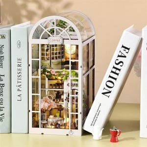 Coffee Shop Book Nook Kit – 3D Wooden Miniature Dollhouse, DIY Bookshelf Insert with LED Lights