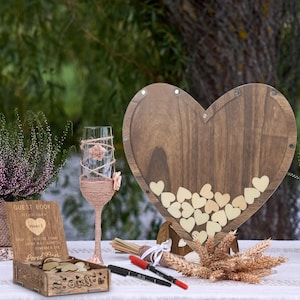 Marco rústico de madera para libro de firmas de boda con 88 corazones: caja de recuerdos personalizada con caballete para decoración de cumpleaños y bodas.