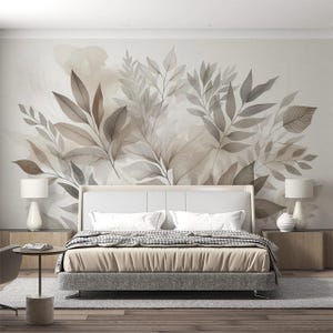 Watercolor Panoramic Wallpaper of Foliage in Dull Tones, Beige and Brown Foliage, Bedroom Wallpaper, Living Room Wallpaper