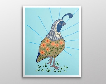 Floral California Quail Art Print | Folk Art Giclée