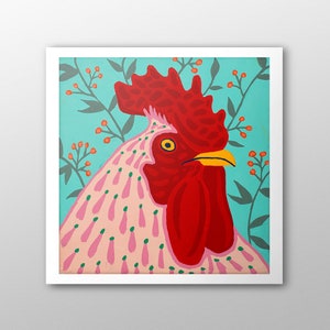 Country Rooster Art Print | Pink Chicken Gouache Portrait | Funky Farmhouse Decor