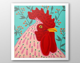 May include: A colorful illustration of a rooster with a pink and white body and a red comb and wattle. The rooster is set against a turquoise background with green leaves and red berries.