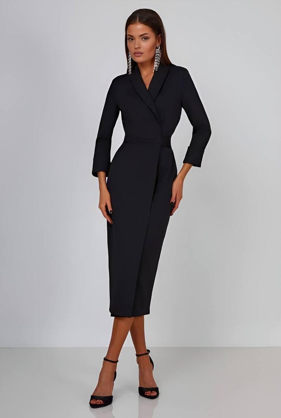 chinese dress ladies Final Sale Plus Size Long Sleeve Side Knot Wrap Midi Dress in Black main image 1