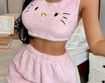 Rosa Frauen Pyjama Set, Katze Crop Top und Shorts, weiche Nachtwäsche, Valentinstag Geschenk