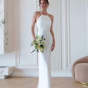 Elegant White Maxi Dress – Satin Off-Shoulder Gown with an Open Back, Long Evening Dress or Ivory Bridal Gown, Perfect for Weddings