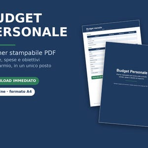 Può includere: Un pianificatore di budget personale in PDF stampabile da sei pagine in formato A4. La copertina blu scuro riporta il testo Budget Personale. Le pagine interne includono tabelle per monitorare entrate, spese e obiettivi di risparmio.