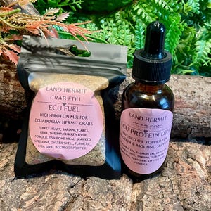 May include: A black pouch and a brown glass bottle with black dropper tops. The pouch is labeled "ECU FUEL" and the bottle is labeled "ECU PROTEIN DROP". Both labels are pink and have text about the ingredients and use for Ecuadorian hermit crabs.