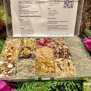 May include: A clear plastic organizer box containing fifteen compartments filled with various dried hermit crab food mixes. The lid features a printed Hermit Crab Feeding Guide with text, a QR code, and a weekly rotation schedule for feeding.