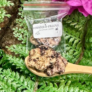 May include: A close-up shot of a cookie on a wooden spoon, surrounded by greenery and a pink flower. The cookie is speckled with dark purple berries. A clear plastic bag contains cookies with a label that reads "Berries & Greens".