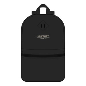 May include: A solid black backpack featuring a top handle, a diamond-shaped patch on the upper front, and a horizontal zippered pocket. The center of the bag displays the white text NEWPORT Leather Co. with a horizontal line above and below.