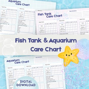 Può includere: Download digitale di tabelle di cura per acquari e acquari. I grafici includono sezioni per attività settimanali come l'alimentazione, i cambi d'acqua e il controllo della temperatura. Sono visibili anche una stella marina gialla e piante acquatiche.