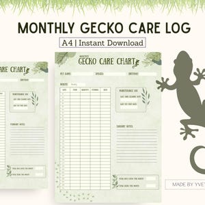 Könnte beinhalten: Ein druckbares monatliches Gecko-Pflegeprotokoll mit grünem und weißem Design. Das Protokoll enthält Abschnitte für den Namen des Haustiers, die Art, die Ernährung und ein Wartungsprotokoll. Die Worte "Monthly Gecko Care Log" und "A4 | Instant Download" stehen oben.