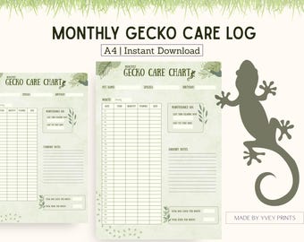 Registro imprimible de cuidados de geckos / Seguimiento de alimentación, muda y limpieza / Descarga en PDF del gecko leopardo como reptil