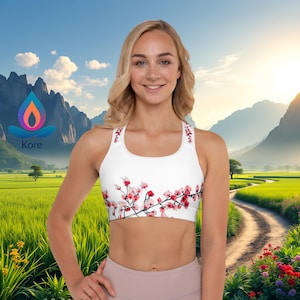 Red Cherry Blossom Floral Sports Bra: Padded Yoga Activewear