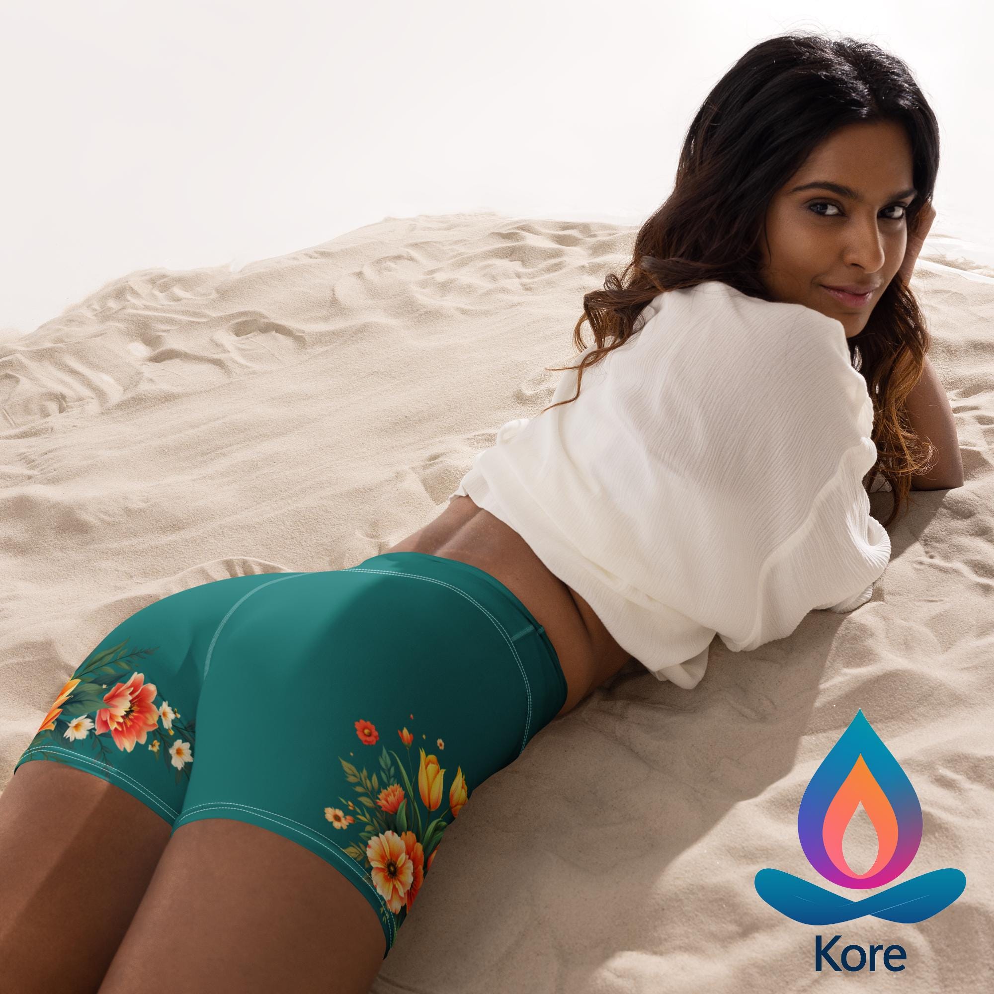 Teal Floral Yoga Shorts – High-Waisted & Ultra-Comfortable for Gym, Pilates and Yoga!