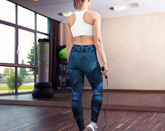 Deep Blue Floral Leggings: High Waist Yoga Pants