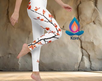 Orange Cherry Blossom Sports Leggings with Floral Waistband Yoga Vibe Korean  Flower Elegance Pants