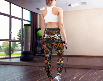 Tribal Pattern Yoga Leggings Boho Infused with Amerindian Flair - Unique Workout Tights for Gym Queens