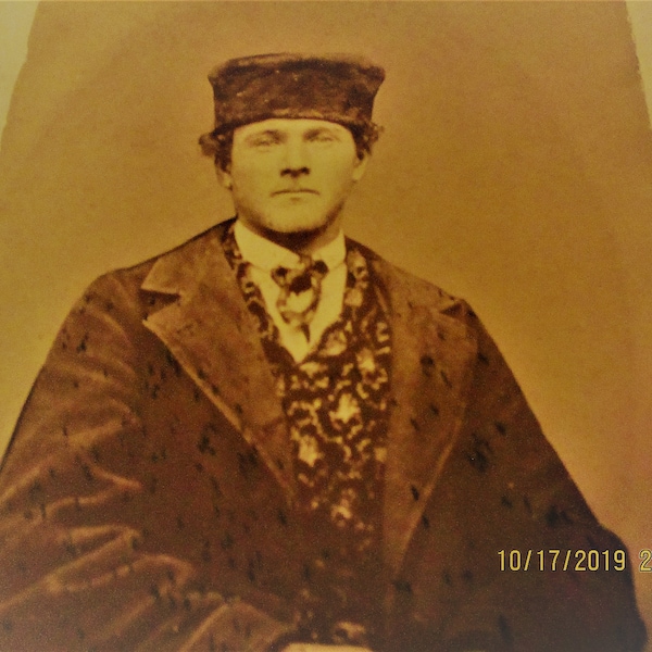 Antique Photo Portrait Gentleman In Beaver ? Pillbox Hat Handsome Man Albumen Photograph Brocade Vest Spiffy Tie Antique Fashion Photograph