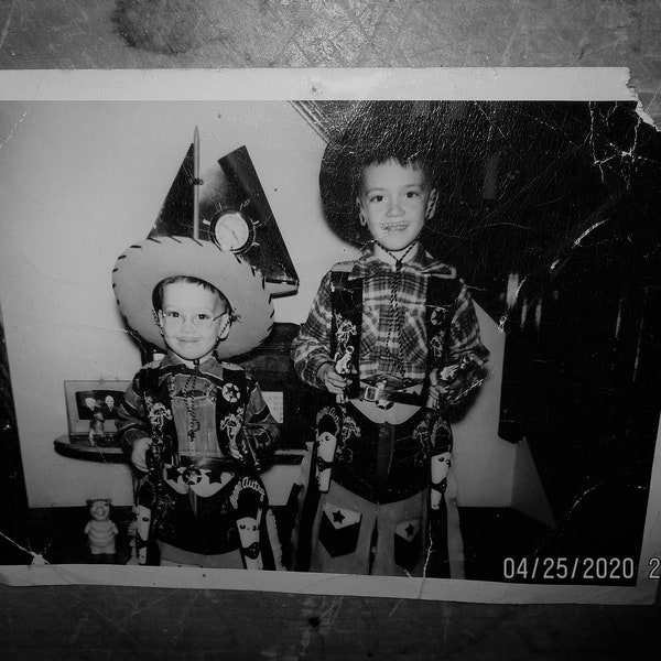 Vintage Boys In Gene Autry Cowboy Outfits Photo Portrait Cowboy Play Photograph With Cowboy Hats And 6 Shooter Pistols Circa 1950's Salvage