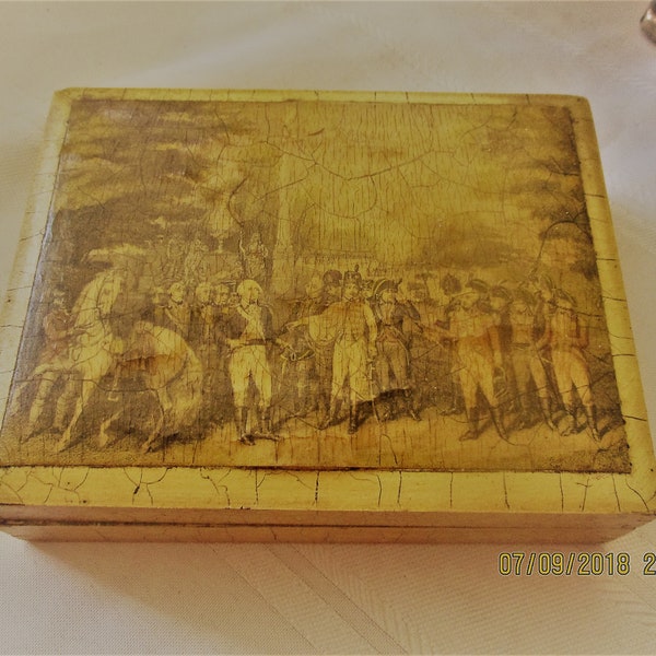 Vintage Decoupage Decks of Cards Storage Box Playing Card Old Desk Storage George Washington Graphic Distressed Yellow Crackle Paint