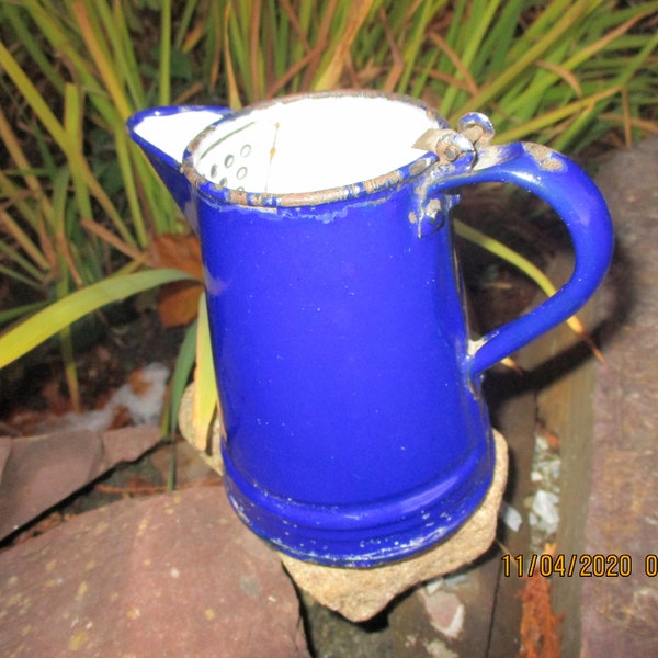 Antique Cobalt Blue Agateware Enamelware Coffee Pot Single Serving No Lid Country Kitchen Farm House Decor Vase Spoon Holder 5 Inches Tall