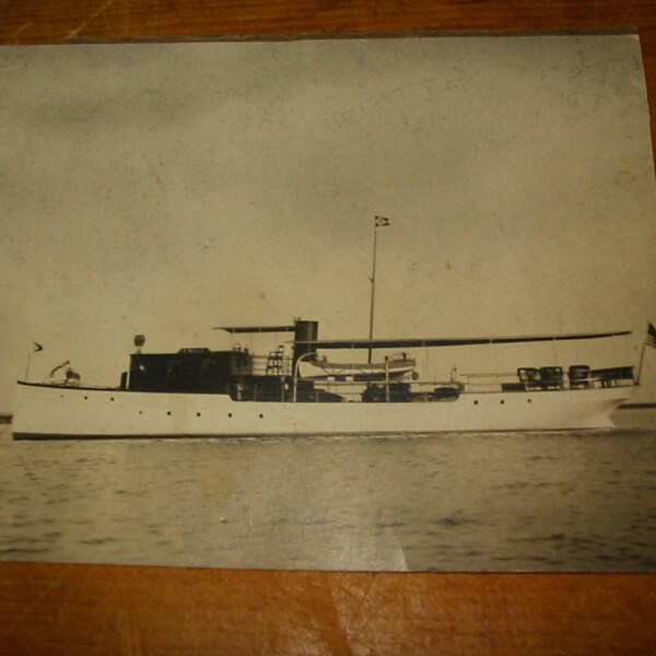 Vintage Nautical Photo Old Steam Yacht With Burgees Portrait USA Yacht Ship Portrait Old Yacht Photo Nautical Decor Yachting Photograph