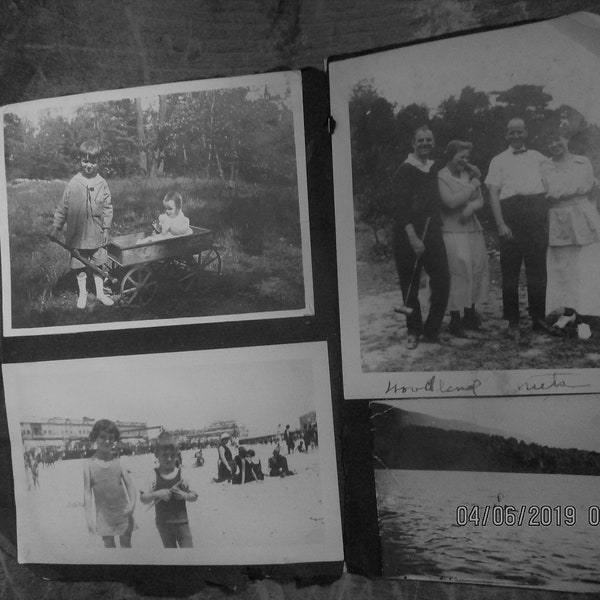 Antique Snapshot Photos Lot of EIGHT Glued To Salvaged Album Page Back To Back Kids With Wagons & Balls Seashore Shots Early 1900's No ID's