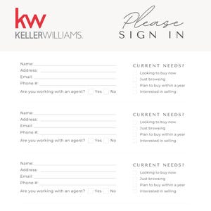 Op de afbeelding: Een wit en rood Keller Williams inschrijfformulier met velden voor naam, adres, e-mail en telefoonnummer. Het bevat selectievakjes voor huidige behoeften, zoals het kopen of verkopen van een huis. De woorden "Please Sign In" staan bovenaan.